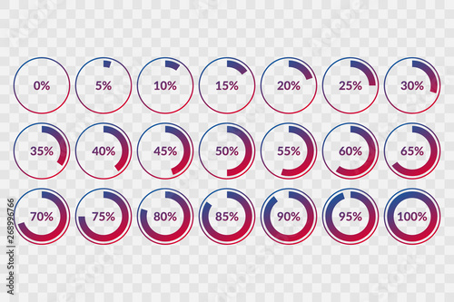 0 5 10 15 20 25 30 35 40 45 50 55 60 65 70 75 80 85 90 95 100 percent pie chart symbols on transparent background. Percentage vector, infographic circle icons for download