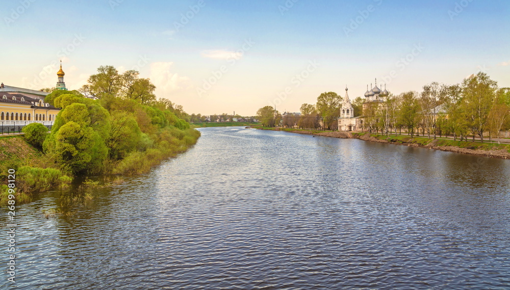 View of  river and  banks in  ancient Russian city of Vologda