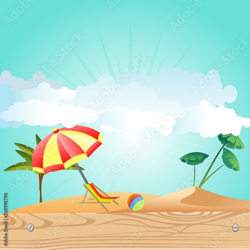 Summer Time Holiday illustration on vintage wood background. Tropical plants sunshade  beach sand   Vector. 