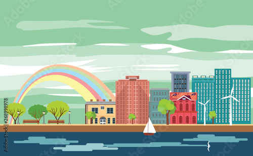 Urban cartoon multicolor colorful buildings city town panorama , River sea canal channel bridge, rainbow, multi color street 