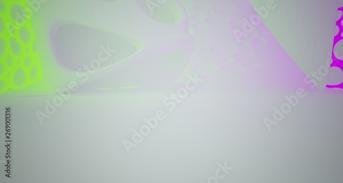 Abstract white Futuristic Sci-Fi interior With Violet And Green Glowing Neon Tubes . 3D illustration and rendering.