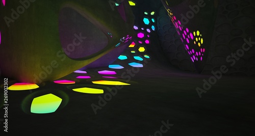 Abstract Concrete and Glass Futuristic Sci-Fi interior With Colored Glowing Neon Tubes . 3D illustration and rendering.