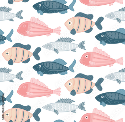 Vector seamless pattern with abstract fish. Undersea world. Aquarium. Wrapping paper, package, wallpaper, clothing and other textile in a pet store or fishing gear shop, seafood menu cover, banner