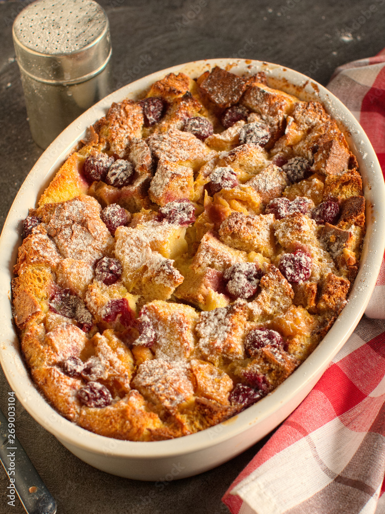 Leftovers bread pudding with summer fruits