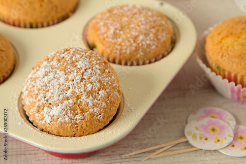 Yogurt muffins with healthy and simple ingredients on a table, close up