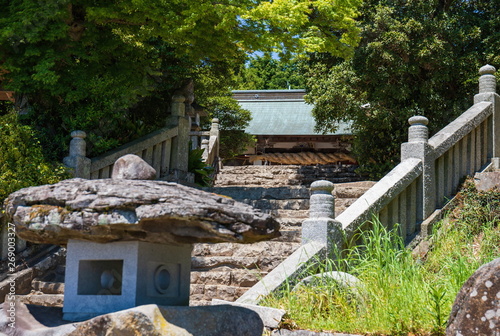 Japanese shrine ,stone staircase and stone lantern ,Shikoku,Japan photo