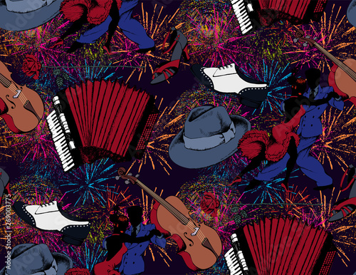 Seamless pattern. Holidays and fireworks, couple dancing tango and musicians