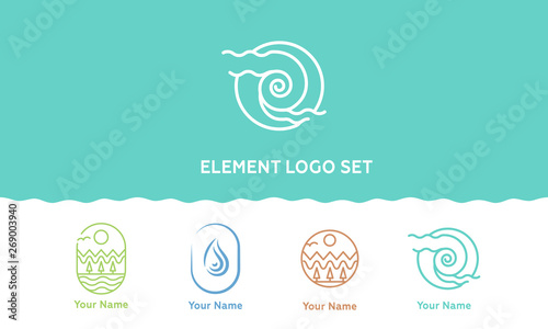 Beauty; logo set of Nature Elements (Vector linear Icons). Vector logo template. Beautiful options for spa, cosmetics salon or resorts. Wood, air, earth and water. - Vector