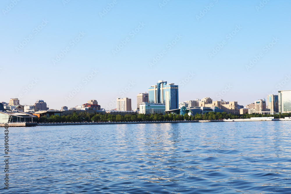 The waterfront of the Caspian sea with skyscrapers in the center of Baku 