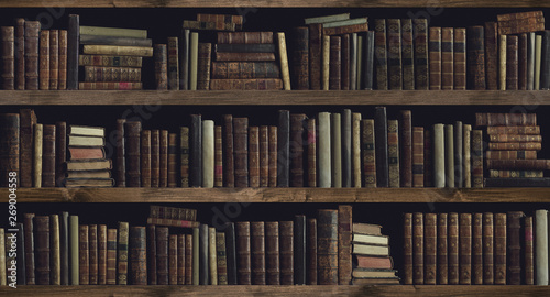 Collection of valuable ancient books on a bookshelf