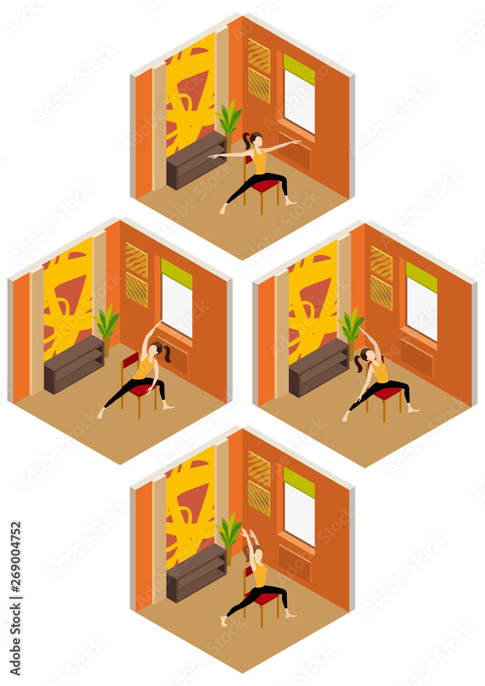 Chair yoga in isometric room/ Illustration a woman practiced yogа sitting on a chair. Isometric interior