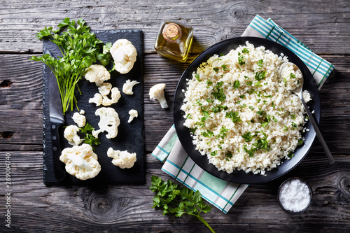 overhead view of Cauliflower rice in a bowl