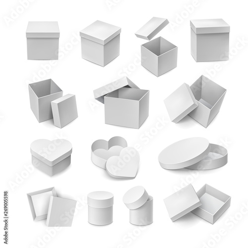 Various opened and closed cardboard boxes mockup. Big set of white containers in square, round and love heart shapes. Realistic boxes isolated on white background. Packaging case vector illustration.