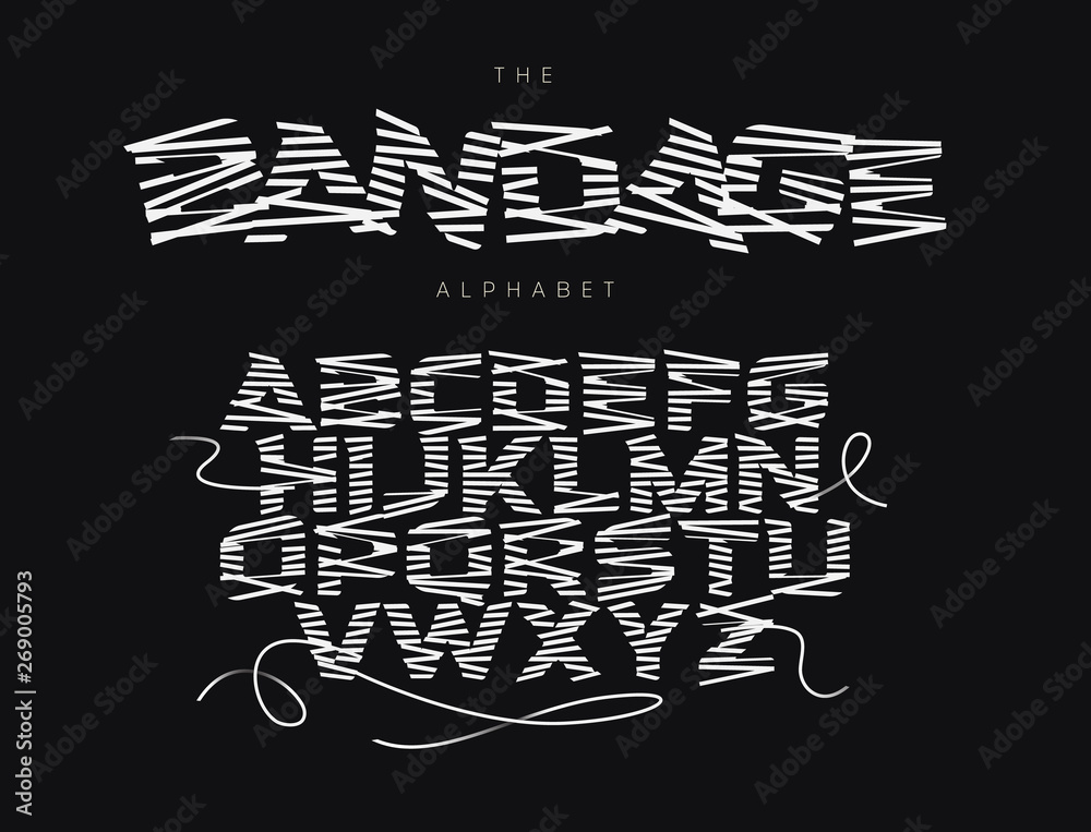 Bandage vector letters set. White pencil shading style alphabet. Thread