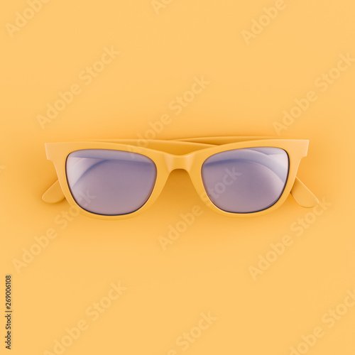 Realistic orange sunglasses lie on orange background. Summer poster. 3D model render illustration