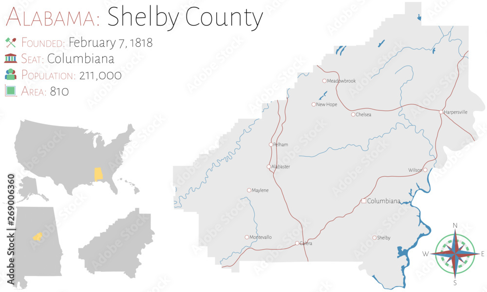 Large and detailed map of Shelby county in Alabama, USA