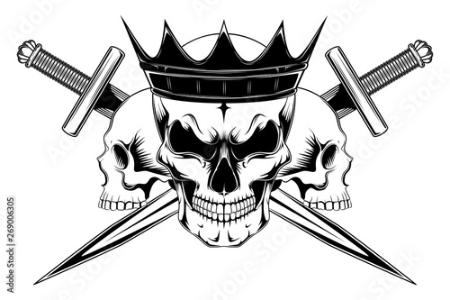 Skull in a black crown with swords and skulls. Vector image on white background.