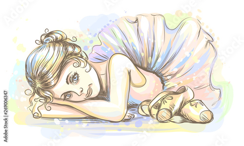 Ballet. Hand-drawn sketch of a cute little dreamy girl ballerina in a tutu with pointe shoes on a white background with watercolor splashes.