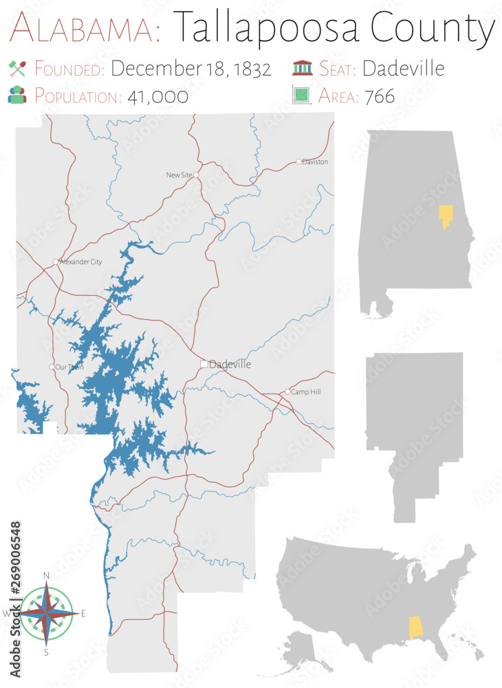 Large and detailed map of Tallapoosa county in Alabama, USA
