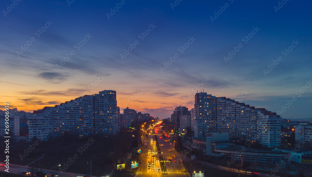 Beautiful night city. The gates of the city of Chisinau, Moldova, aerial view