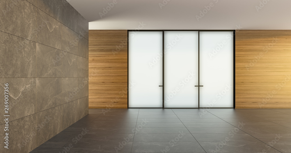 Closed modern door in a room with a stone floor and textured walls Style interior. Concept of an opportunity. 3d rendering illustration mockup