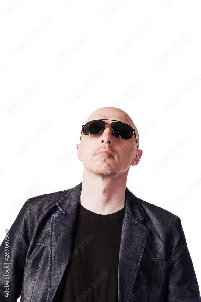 A man in a denim jacket with dark glasses. A middle-aged man of European appearance. Isolated on white background