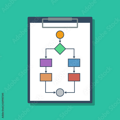 colorful flowchart in clipboard, vector flat illustration