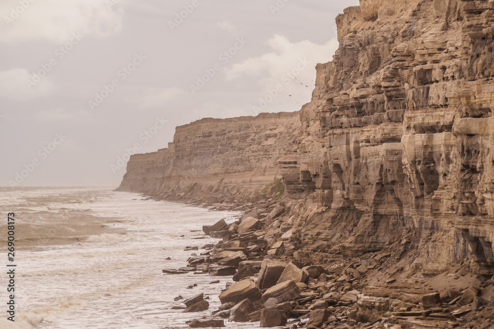 Cliffs in La Loberia, Argenina. Cloudy day with waves