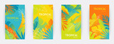 Tropical themed banners set. Creative compositions of colorful palm leaves and branches. Abstract geometric design templates for posters, covers, wallpapers with place for text. Flat style vector