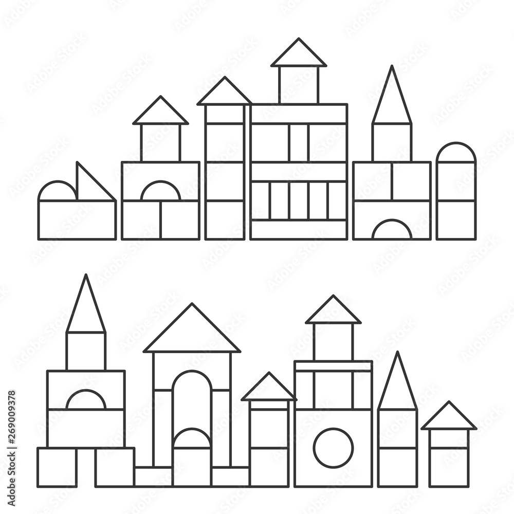 Simple line style blocks toy towers for coloring book. Bricks childrens building construction, castle, house. Vector volume style illustration isolated on white background