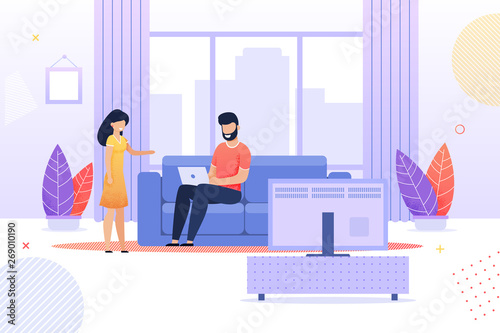 Wife Talks to Busy Husband at Home Flat Cartoon