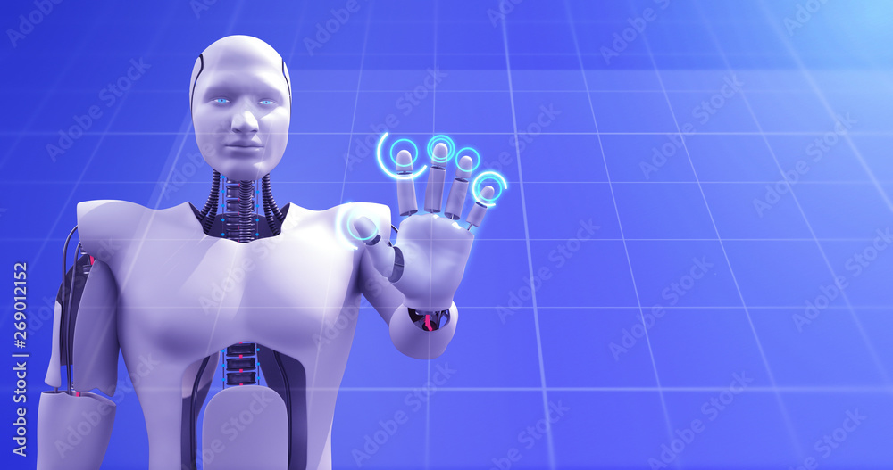 Humanoid Robot Calculating And Analyzing Big Data. Artificial Intelligence related 3D Illustration Render. Humanoid Robot Calculating And Analyzing Big Data. Artificial Intelligence related 3D Illustration Render.