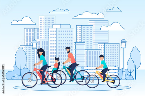Happy Family Riding Bikes on Cityscape Cartoon