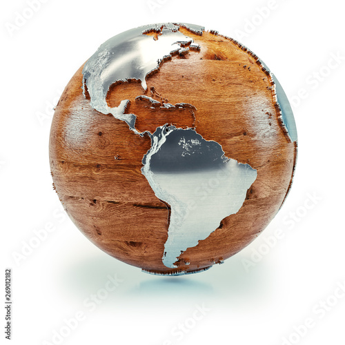 Wooden globe with metal continents