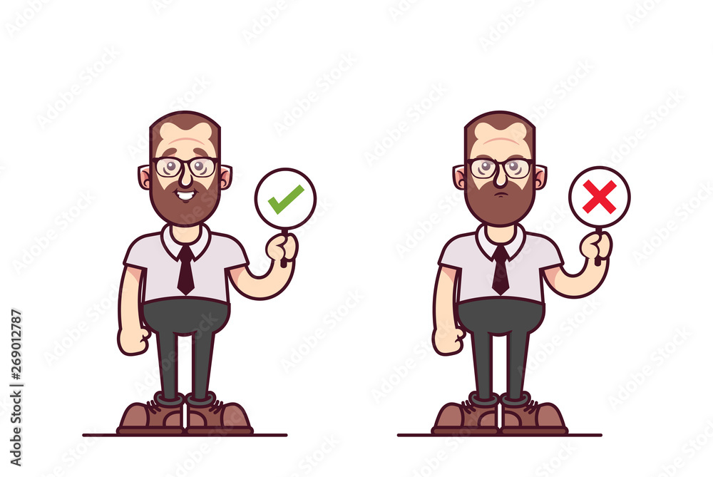 Cartoon Doodle Character. Office Worker Holding Signs Approved and ...