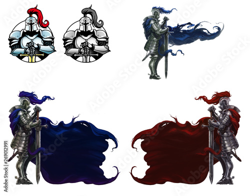 Medieval knight with long sword realistic isolated. Knight in a long red cloak and medieval armor and with a long sword. A large set of knights warriors of the Middle Ages.