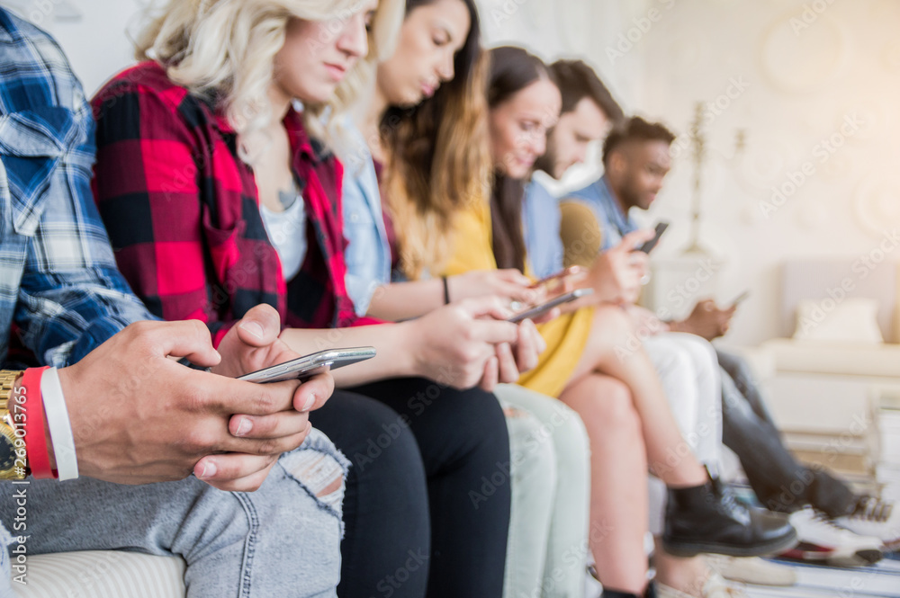 custom made wallpaper toronto digitalGroup of friends using smart mobile phones