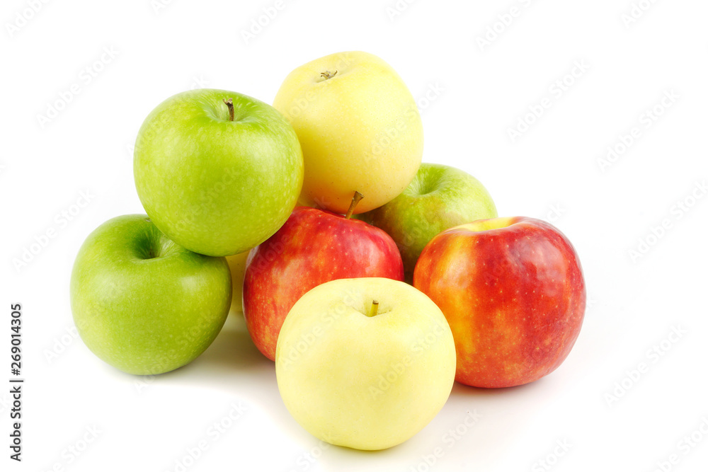 Mix apple fruit Green,red,golden color isolated on white background Mix apple fruit Green,red,golden color isolated on white background