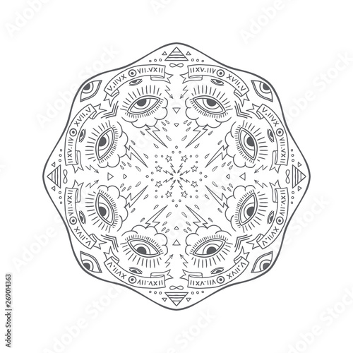 Картината върху платно Round old school hand drawn occult design with mystic symbols, all seeing eyes and stars