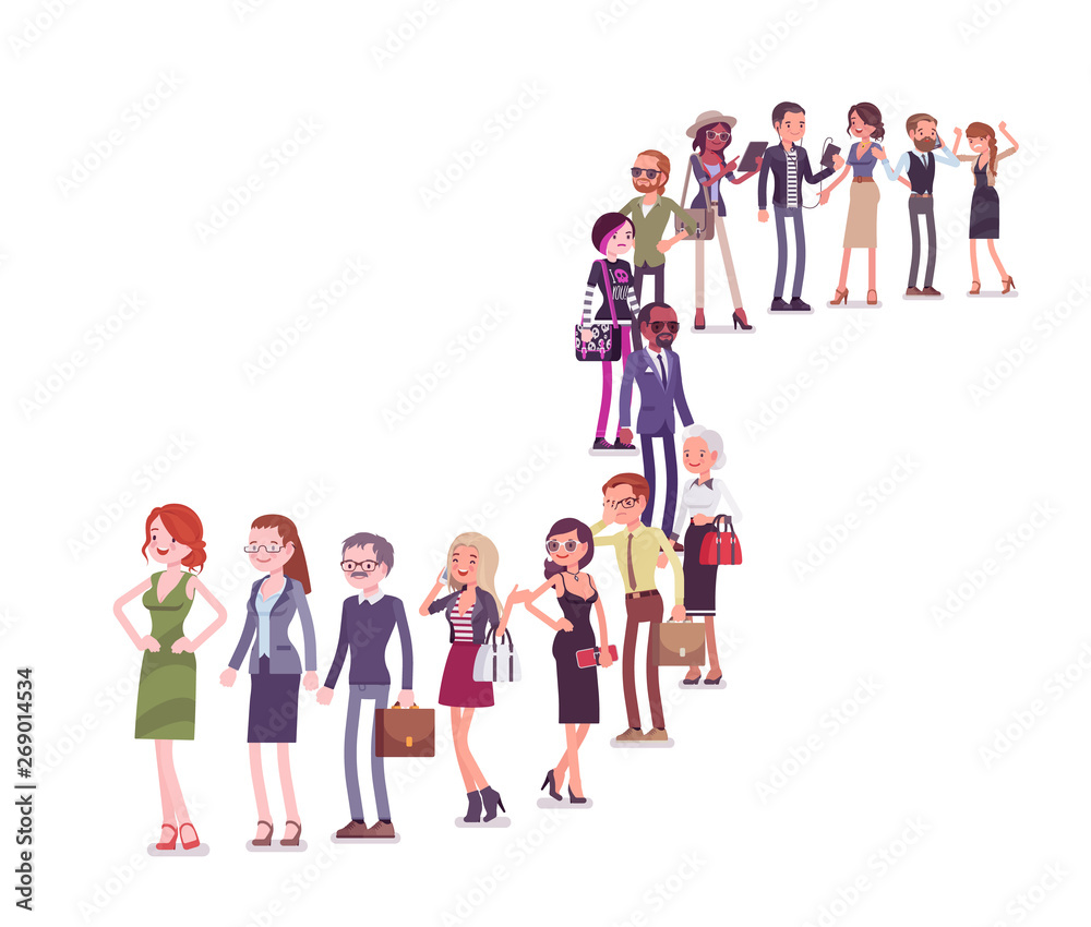 Group of diverse people queuing in a long line. Members of different nations, sex, various age and jobs standing together waiting. Vector flat style cartoon illustration isolated on white background Group of diverse people queuing in a long line. Members of different nations, sex, various age and jobs standing together waiting. Vector flat style cartoon illustration isolated on white background