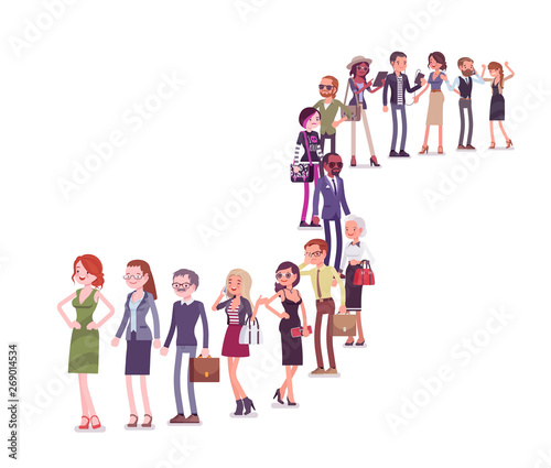 Group of diverse people queuing in a long line. Members of different nations  sex  various age and jobs standing together waiting. Vector flat style cartoon illustration isolated on white background