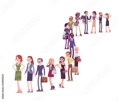 Group of diverse people queuing in a long line. Members of different nations, sex, various age and jobs standing together waiting. Vector flat style cartoon illustration isolated on white background