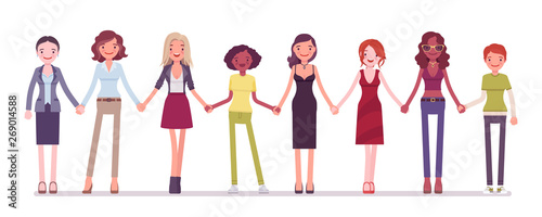 Female persons standing together holding hands. Women and girls unity of different nations, age, jobs supporting feminism movement. Vector flat style cartoon illustration isolated on white background
