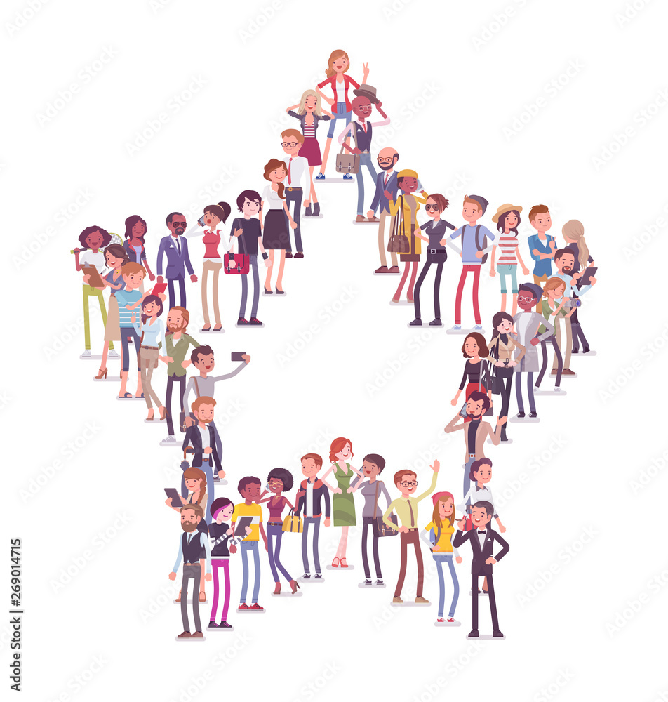 Group of people making star shape. Members of different nations, sex, age, jobs stand together forming five points symbol of success. Vector flat style cartoon illustration isolated, white background Group of people making star shape. Members of different nations, sex, age, jobs stand together forming five points symbol of success. Vector flat style cartoon illustration isolated, white background