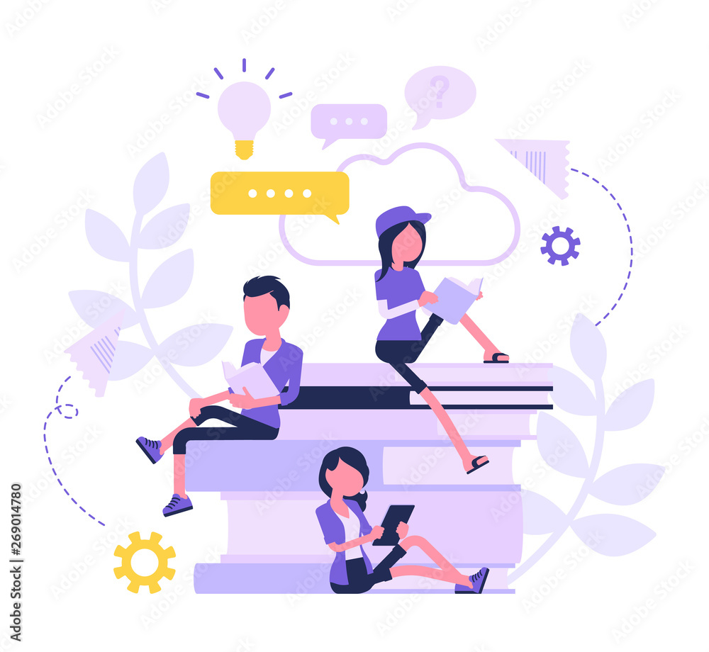Student friends reading books. Young people studying at a university, college for higher education, teens learning at school, preparing for exam. Vector abstract illustration with faceless character