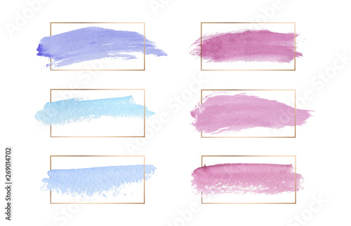 Pink, blue and purple colors brush stroke watercolor texture wirh gold lines frames. Geometric shape with watercolor washes. Trendy templates for banner, flyer, poster, greeting, wedding invitation