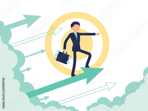 Forward moving symbol. Businessman directed or facing towards future progress to reach prospective position, accomplishment of new aim or purpose. Vector abstract illustration with faceless character