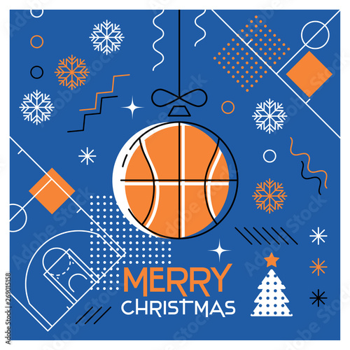 Merry Christmas. Greeting card with Christmas ball as a basketball ball. Abstract flat design. Vector illustration.