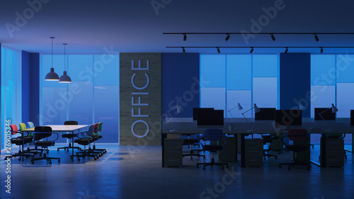 Modern office interior. Evening lighting. Night. 3D rendering. © artemp1