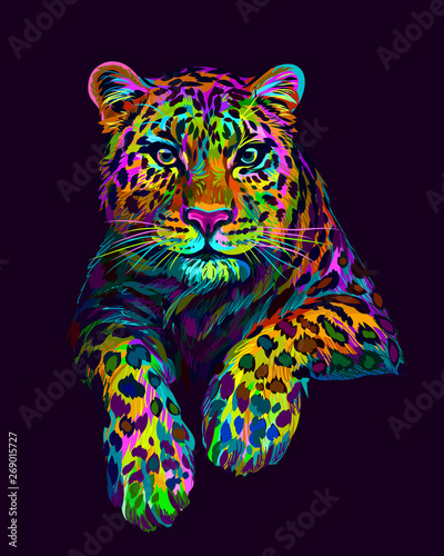 Abstract, graphic, colorful in neon colors artistic portrait of a leopard on a dark purple background.